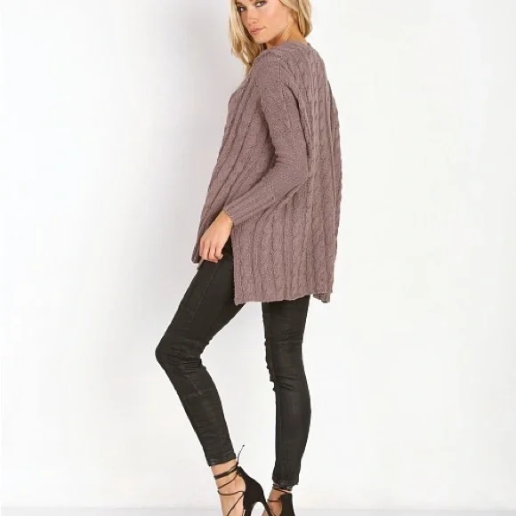 Free People easy cable knit sweater in mushroom - Picture 4 of 5